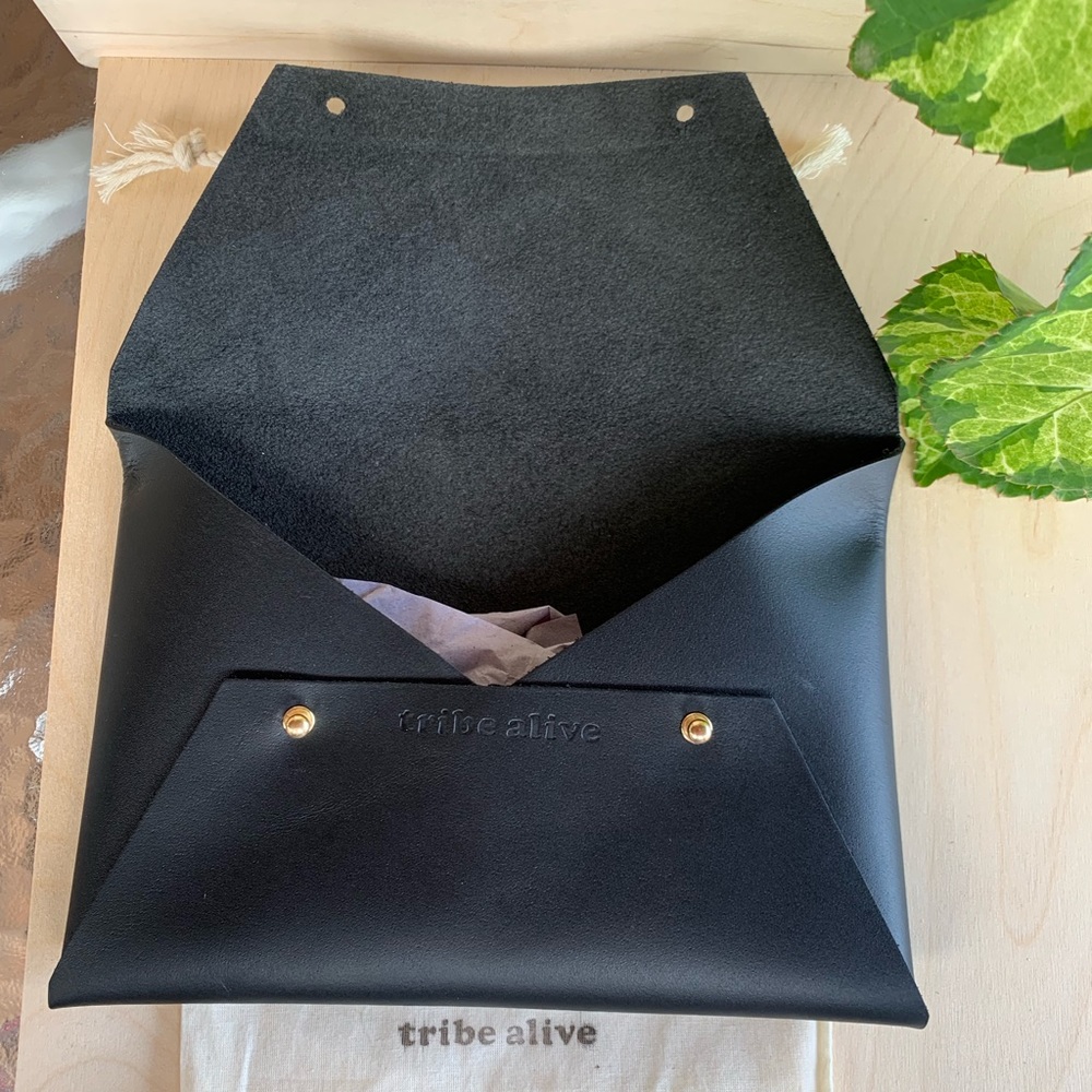 Tribe Alive Leather Black Clutch w gold hardware